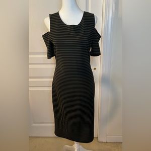NWOT. Black Cold Shoulder Dress with Gold Stripes. Size M.